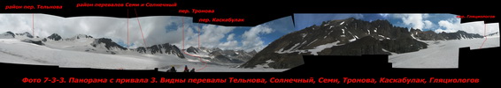 Панорама с привала 3. Видны перевалы Тельнова, Солнечный, Семи, Тронова, Каскабулак, Гляциологов (Ольга) Панорама с привала 3. Видны перевалы Тельнова, Солнечный, Семи, Тронова, Каскабулак, Гляциологов (Ольга)